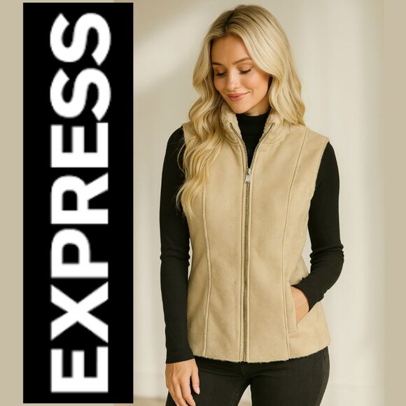 Express Vintage Leather Sherpa Lined Tan Vest - Picture 1 of 16